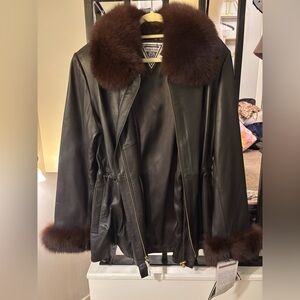 NWT Marvin Richards Brown Leather Jacket with Fur Trim